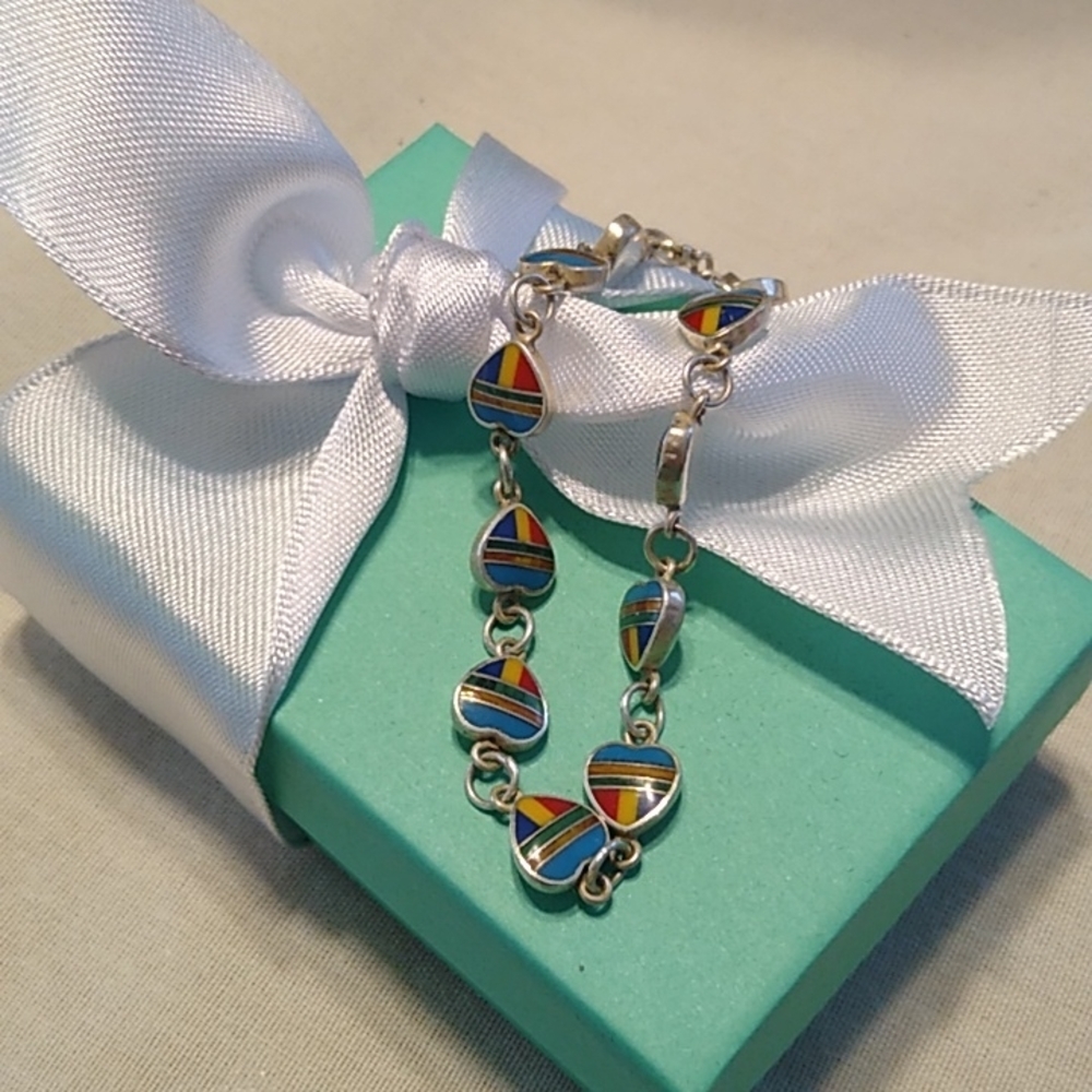 Inlay Stone Heart Link Love All Around Sterling Silver 925 Bracelet 7"